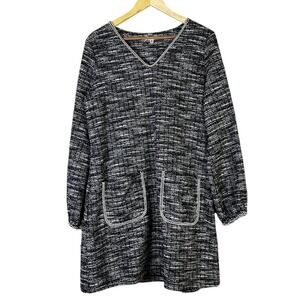 MAX STUDIO Tweed Textured V Neck Long Sleeve Shift Dress XL Black White